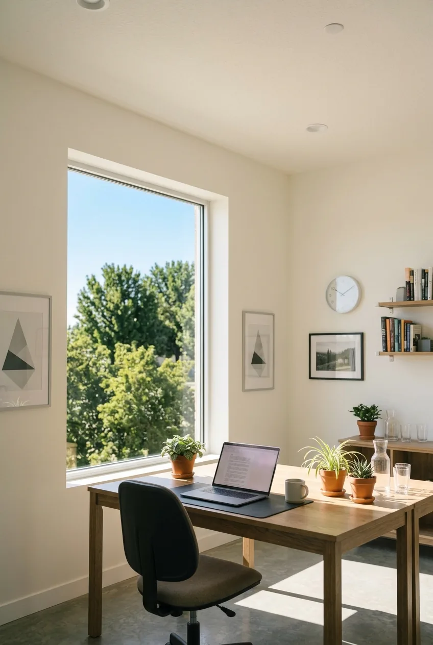 A small office with a desk and chair by a tall window, plants along the sill and desk, and framed prints and a clock on the walls.