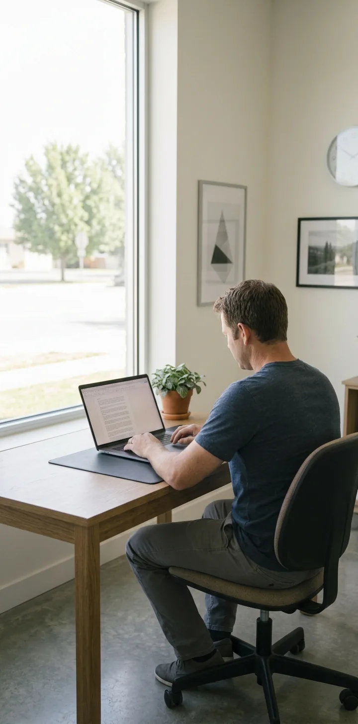 A person working at a laptop at a desk beside a tall window, seen from behind.