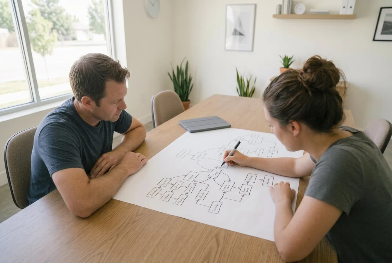 Two people at a table working over a large sheet of paper covered in hand-drawn boxes and arrows, one of them adding to it with a marker.
